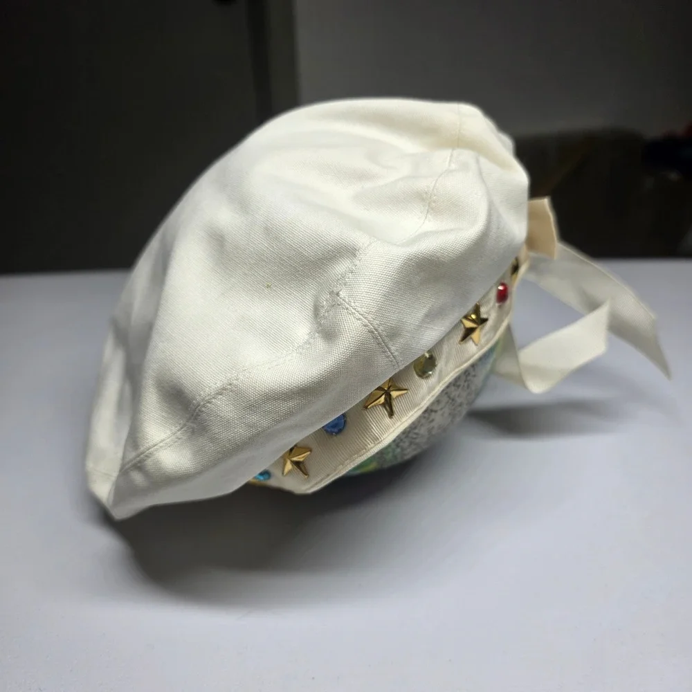 Vintage Sportina White Cotton Beret Hat Star Studs Rhinestone Bow Celestial NWT